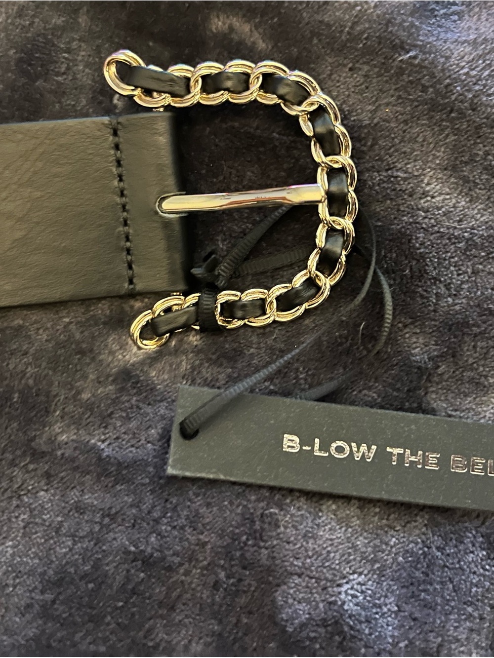 B-Low the Belt Black Leather Belt with Gold Chain Detail